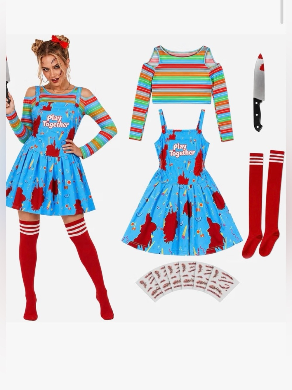 Women’s Together Bright Blue Bloody Doll Costume Set Size XL NWT
